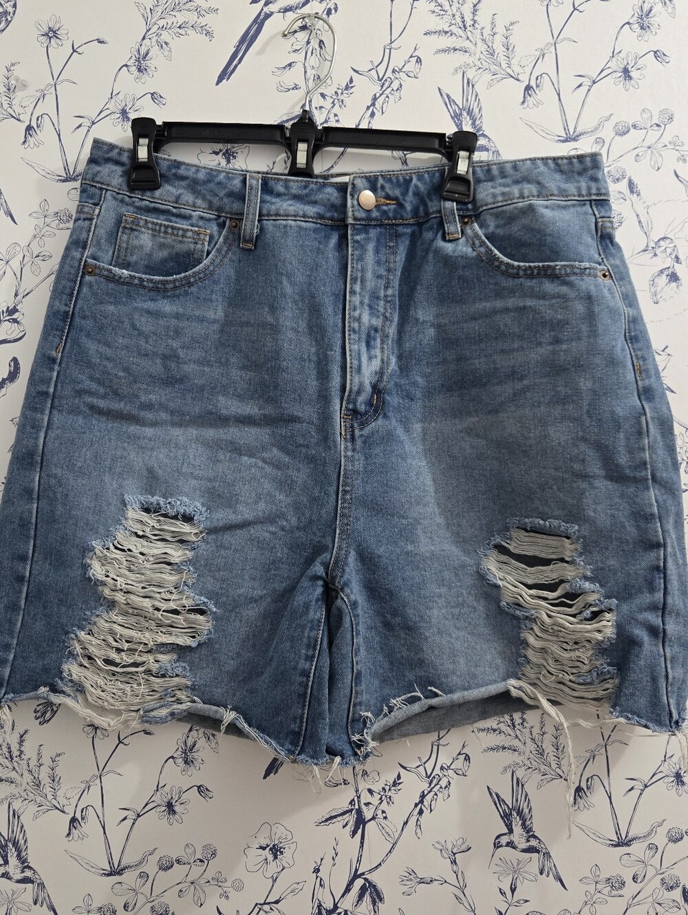 Distressed High-Waist Denim Shorts - Blue